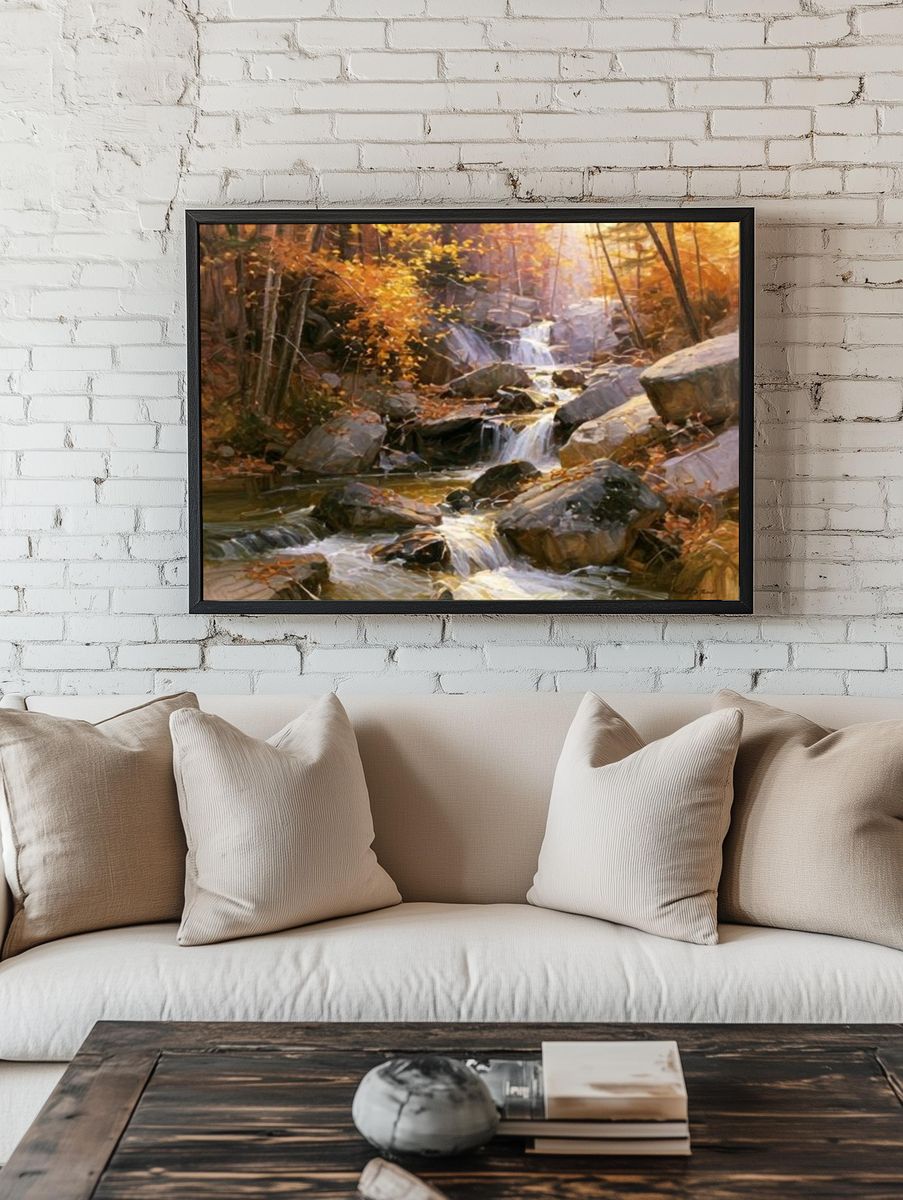 Autumn Forest Waterfall Fine-Art Poster. room preview