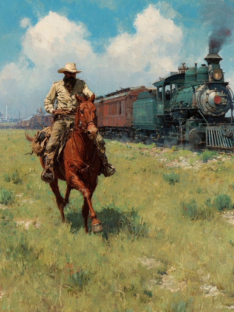 Cowboy and Steam Train Western Print. poster — fine-art art