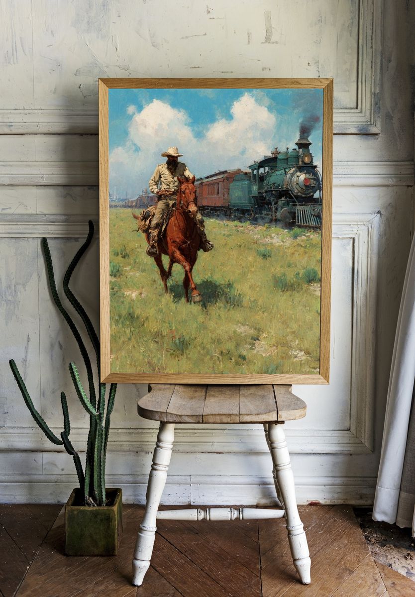 Cowboy and Steam Train Western Print. room preview