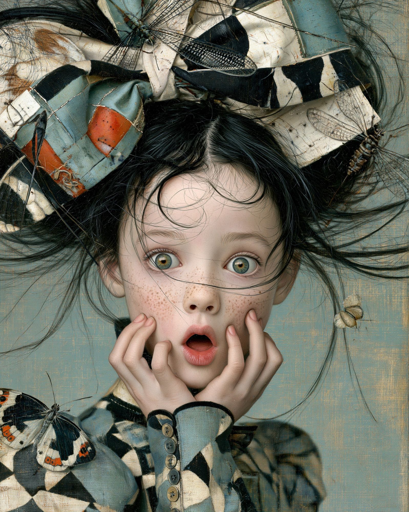 Surprised Girl with Butterflies Print. poster detail