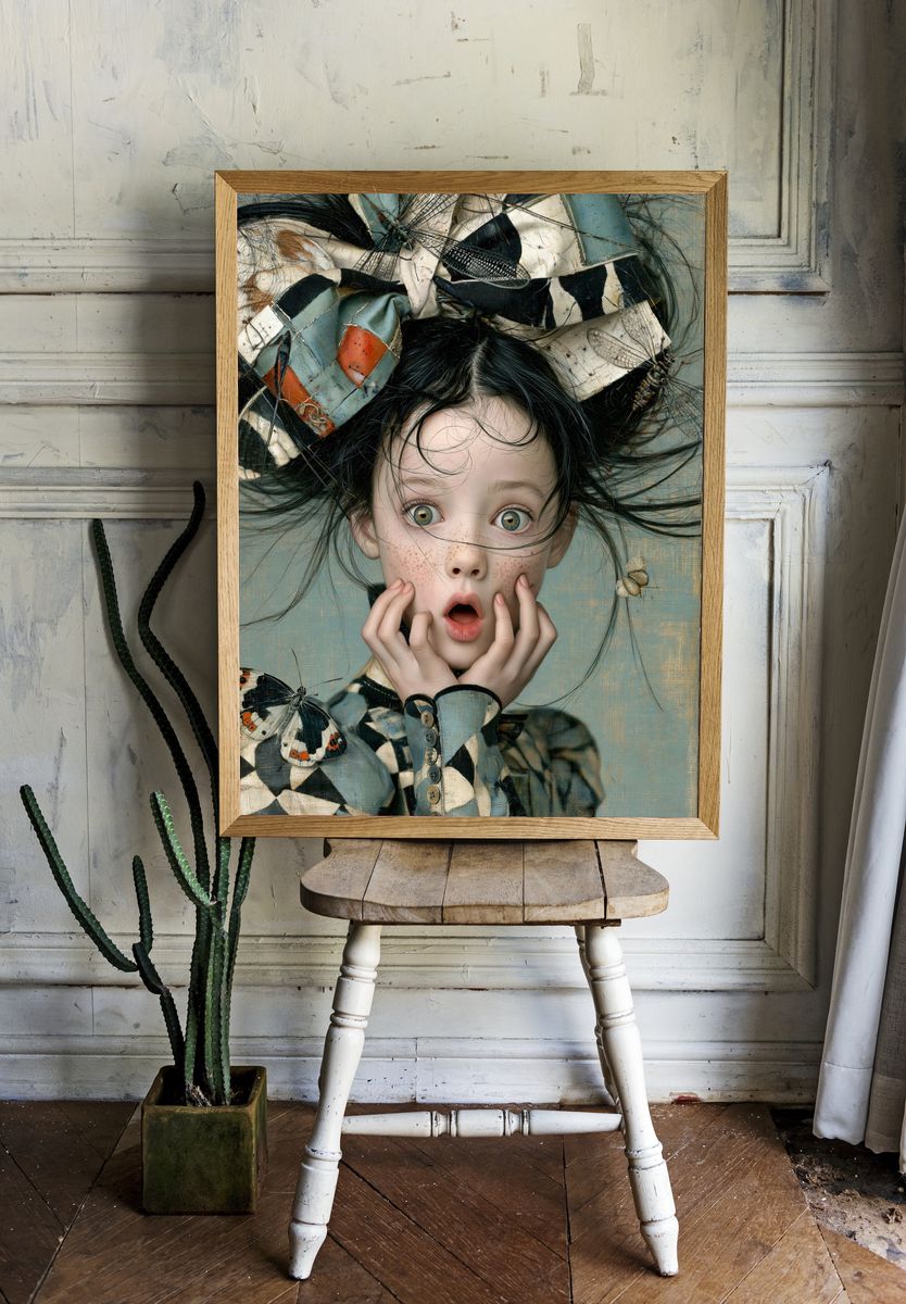 Surprised Girl with Butterflies Print. room preview
