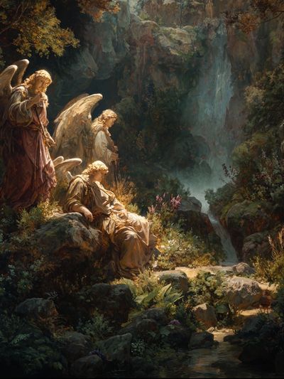 Angelic Figures in a Serene Landscape Poster. poster print