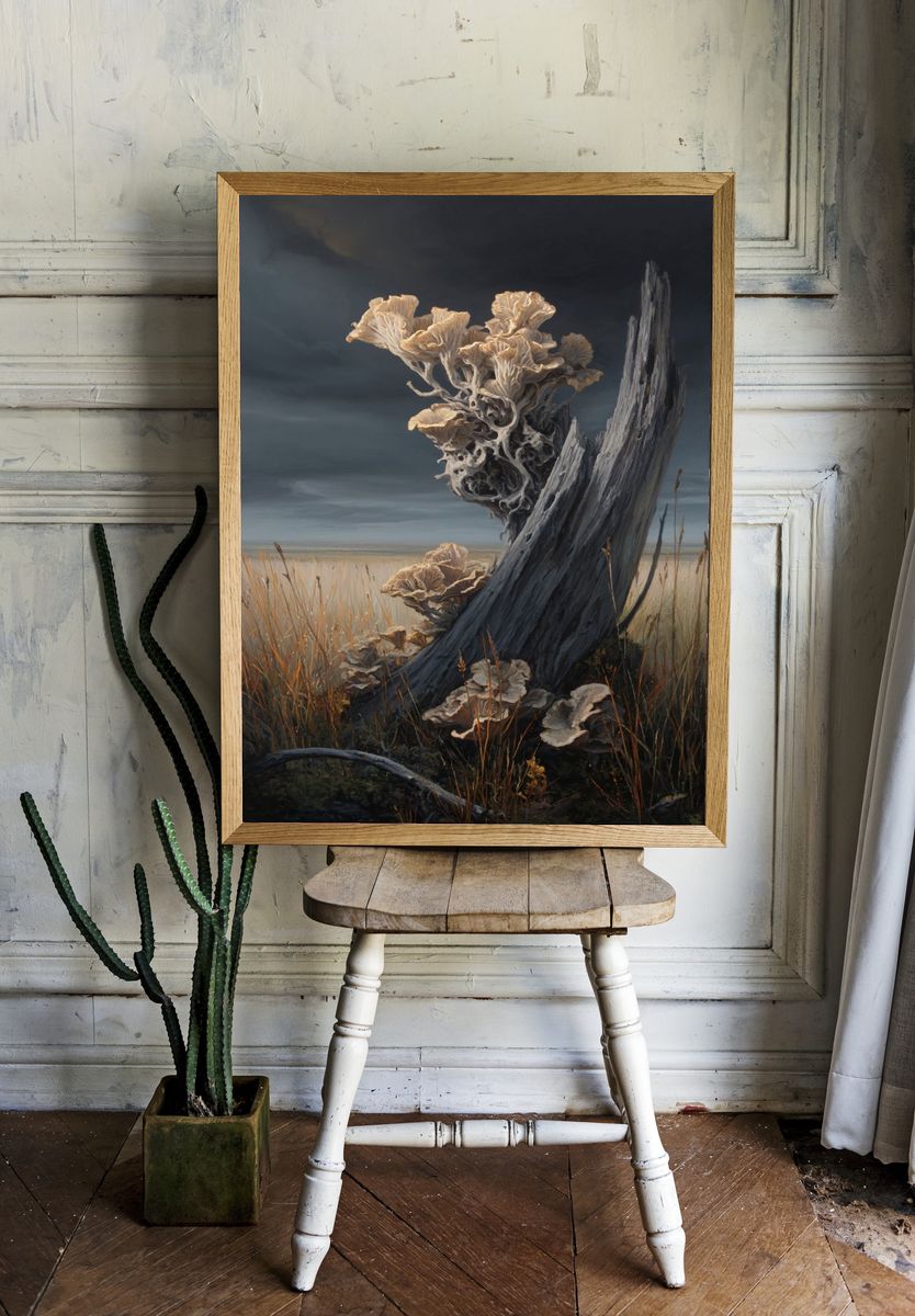 Mushroom Growth on Driftwood — Fine Art Print room preview