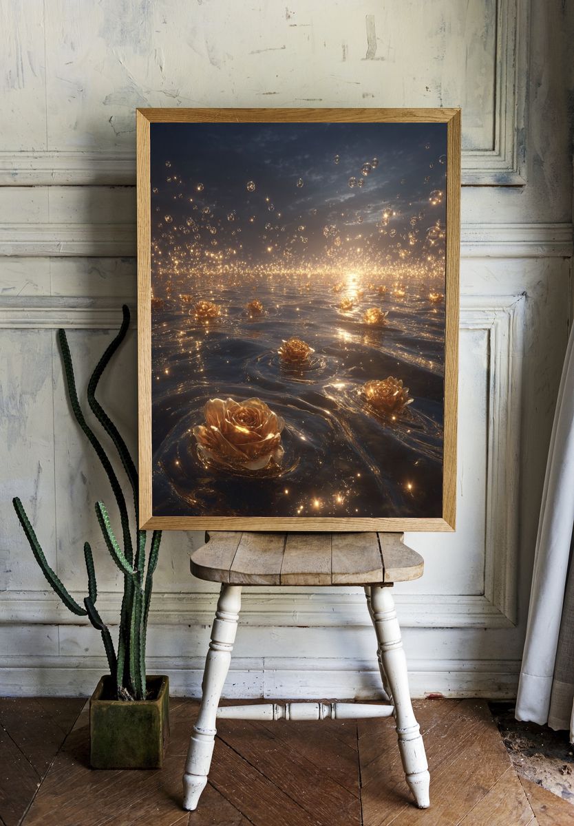 Golden Roses in Water — Fine Art Print. — room view 1