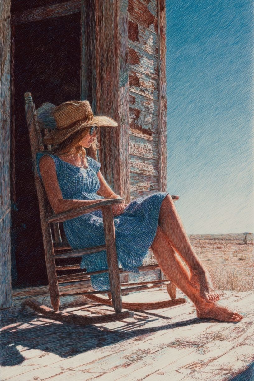 Woman Relaxing on Porch — Fine Art Print. poster — fine-art art