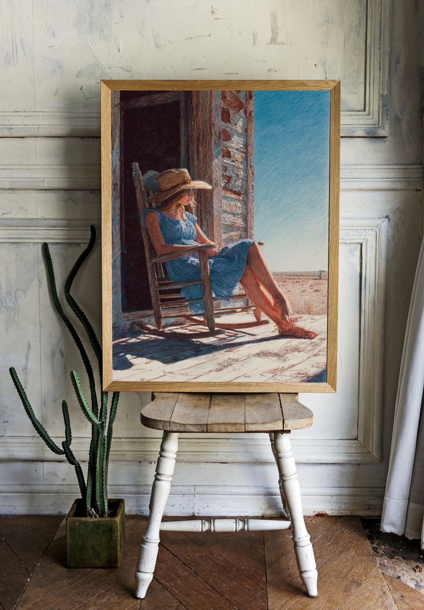 Woman Relaxing on Porch — Fine Art Print room preview
