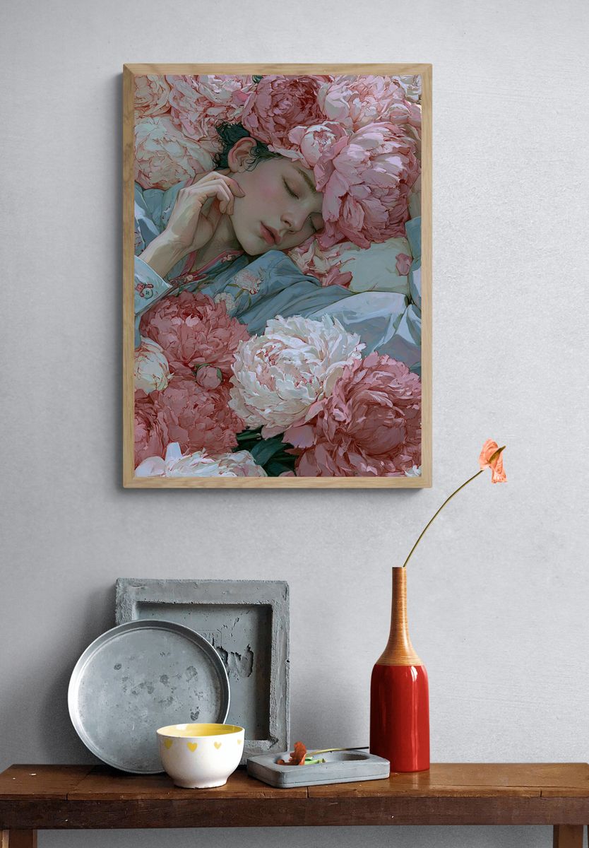 Sleeping Woman Among Peonies Print. — room view 3