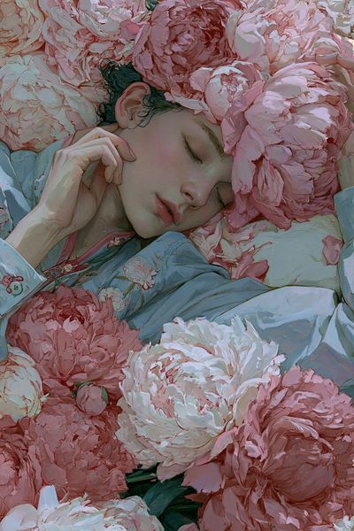 Sleeping Woman Among Peonies Print. poster