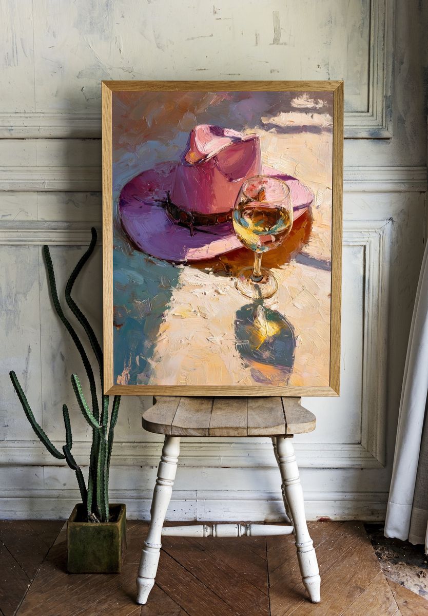 Pink Hat and Wine Still Life Print. room preview