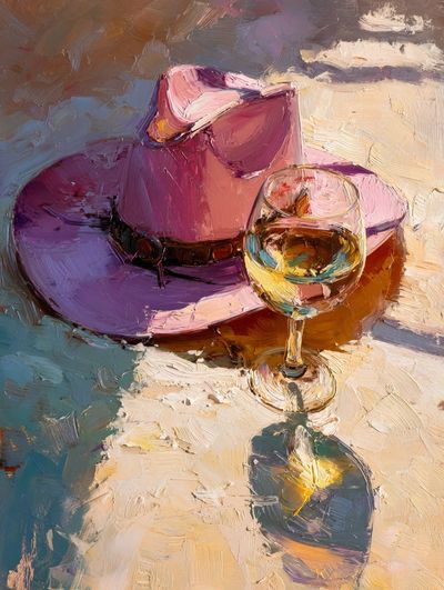 Pink Hat and Wine Still Life Print. poster print