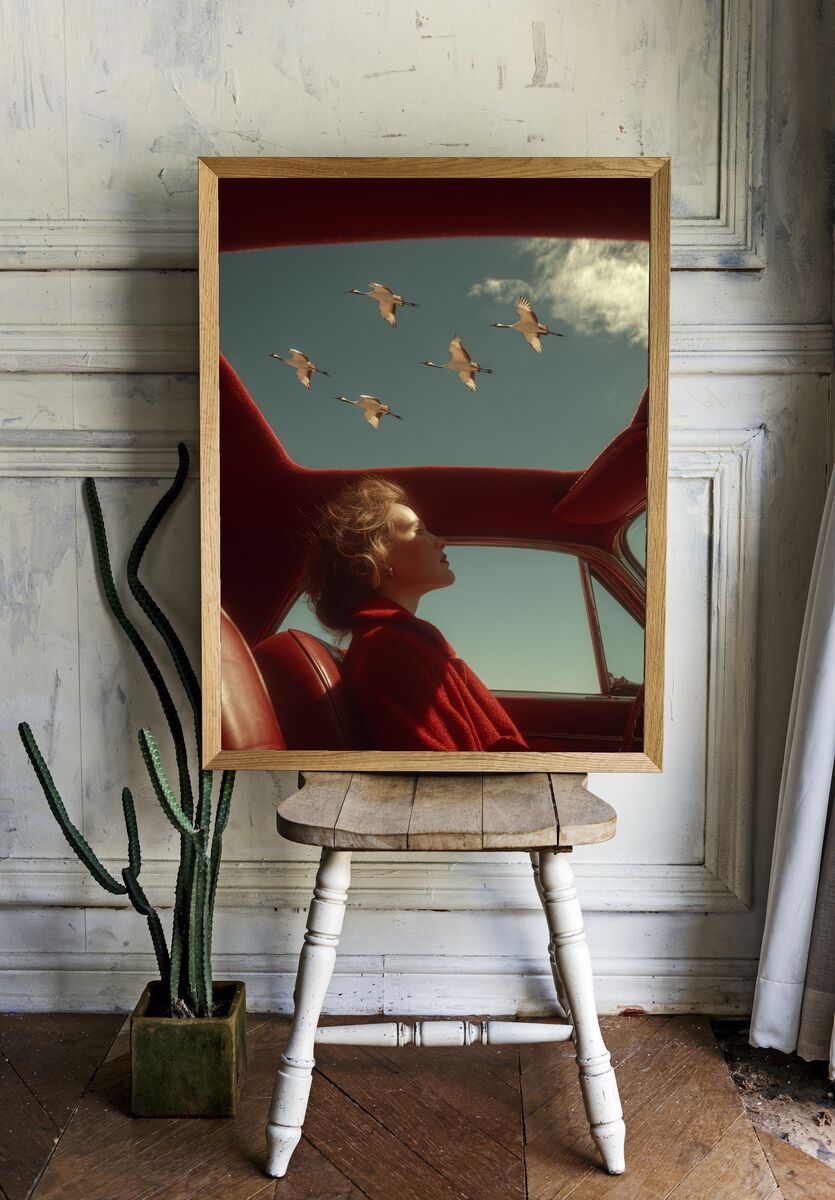 Woman in Red Car with Cranes — Fine Art Print. — room view 1