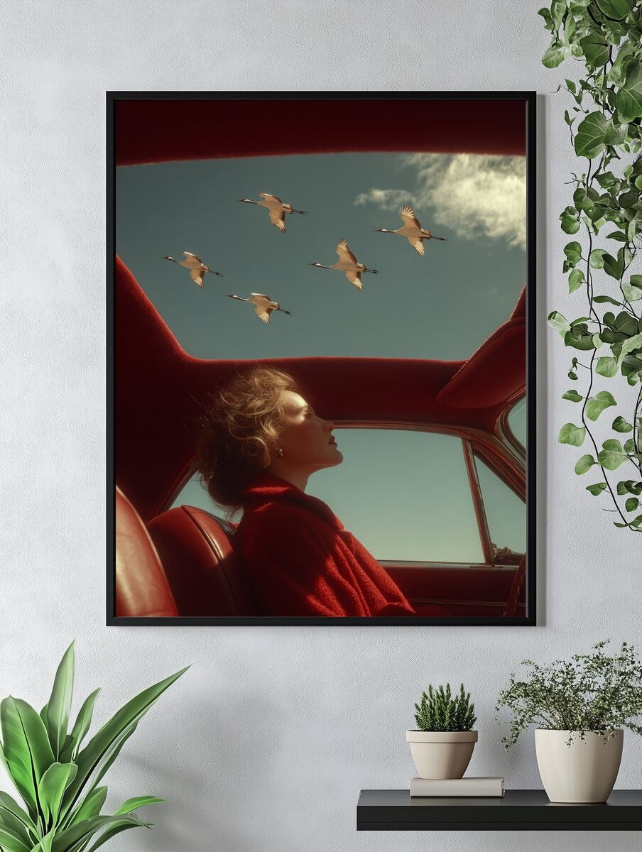 Woman in Red Car with Cranes — Fine Art Print. — room view 4