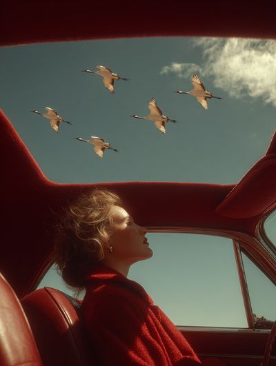 Woman in Red Car with Cranes
