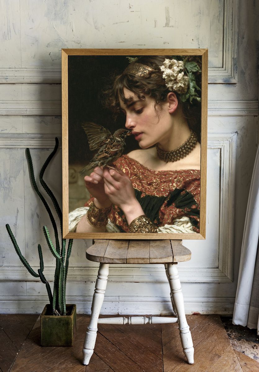 Woman with Sparrow Fine-Art Poster. — room view 1