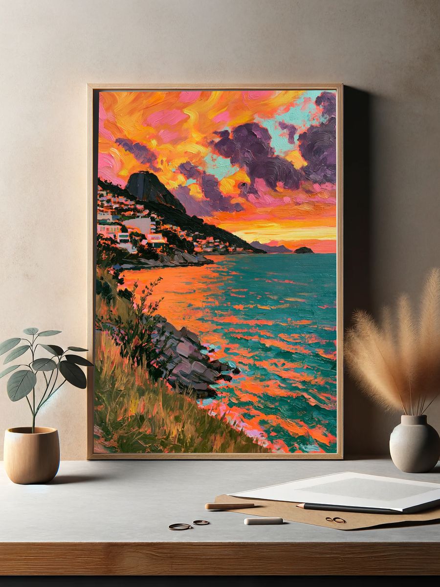Coastal Sunset Oil Painting Poster. — room view 2