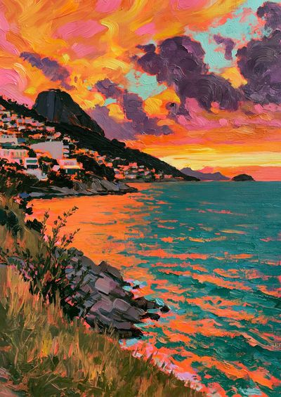 Coastal Sunset Oil Painting Poster.