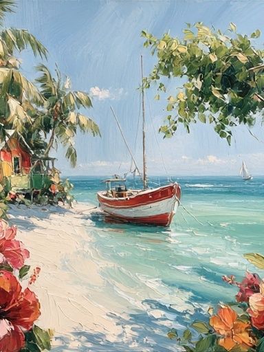 Tropical Sailboat Beach — Fine-Art Print. poster — fine-art art