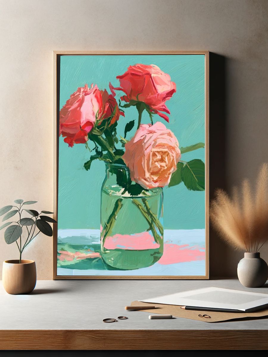 Pink Roses Still Life Poster. — room view 2