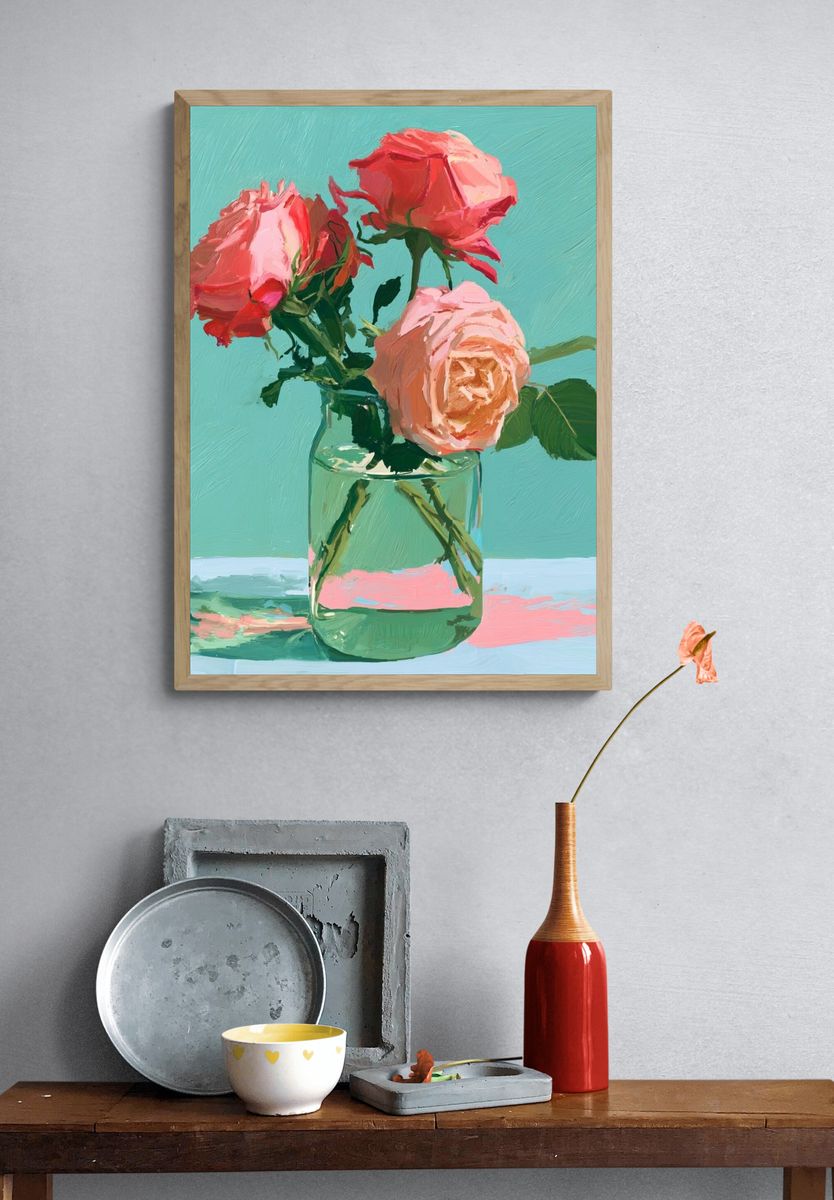 Pink Roses Still Life Poster. — room view 3