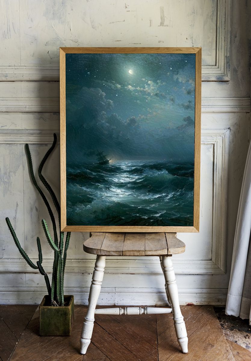 Moonlit Stormy Sea Fine-Art Print. room preview