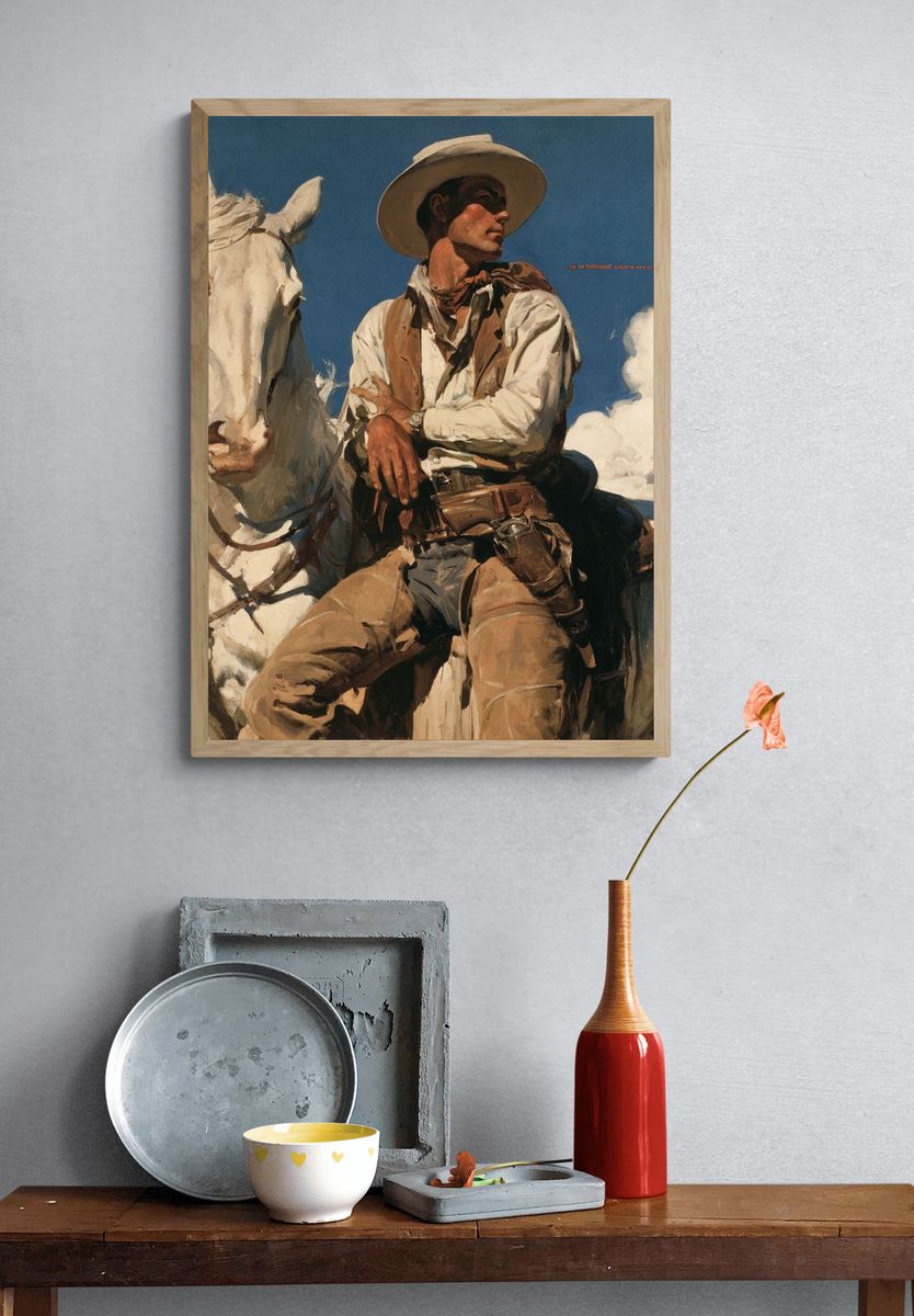 Cowboy on White Horse Fine-Art Poster. — room view 3
