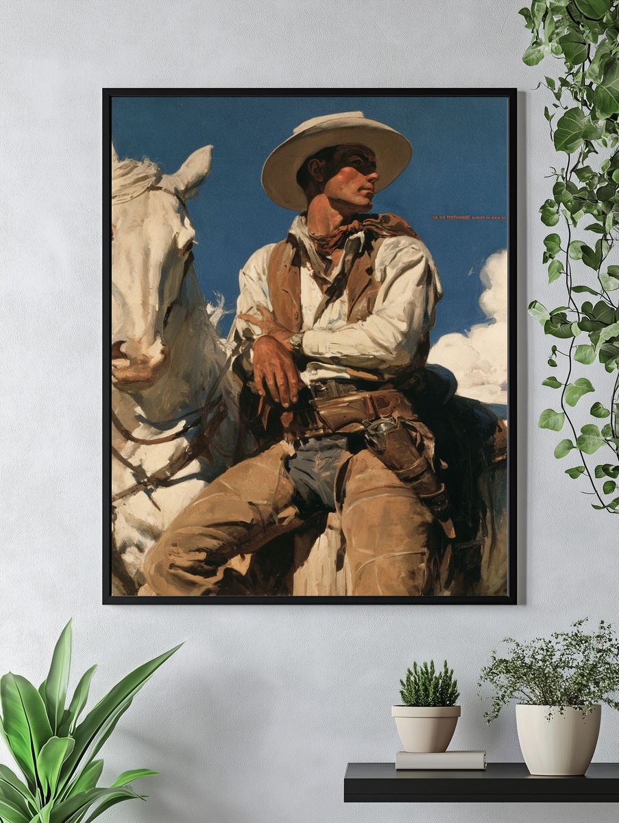Cowboy on White Horse Fine-Art Poster. — room view 4