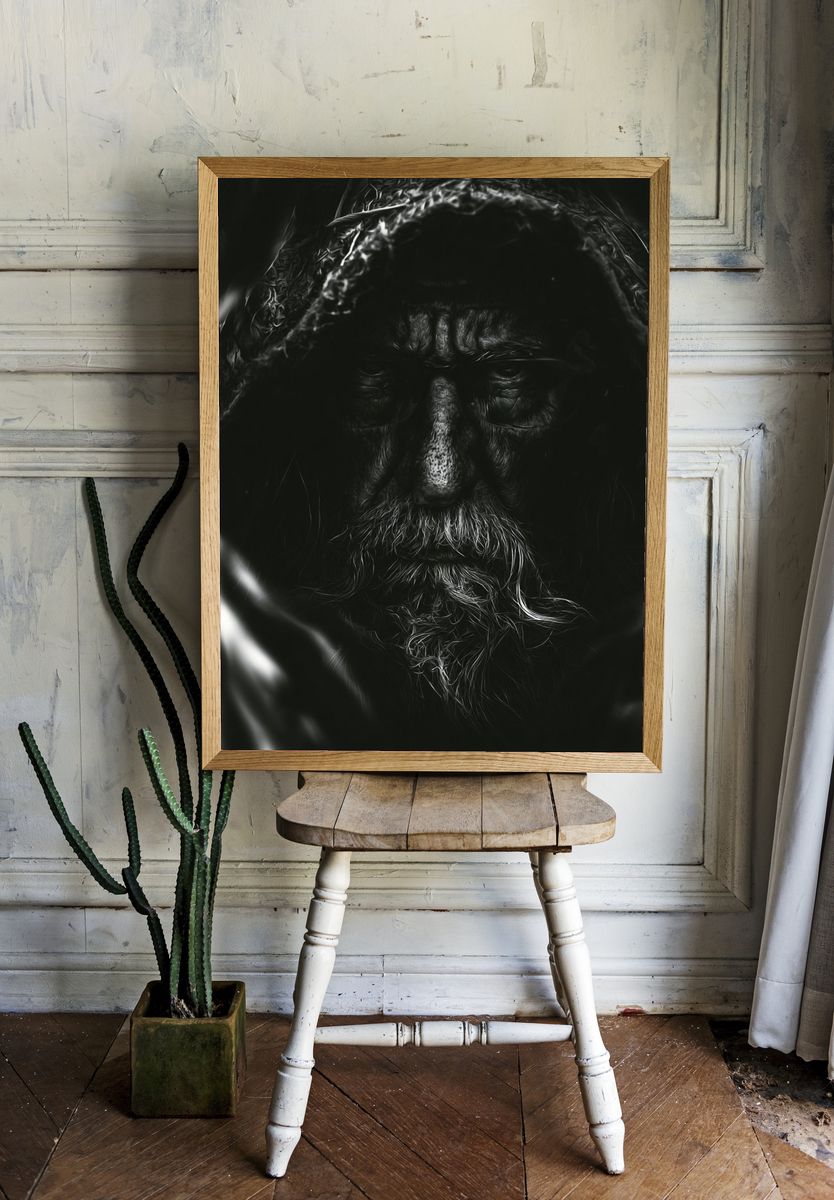Hooded Elder Portrait Print. — room view 1