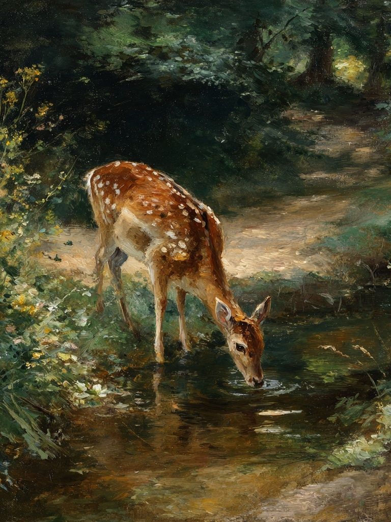 Deer in Woodland Stream Painting Poster. poster — fine-art art