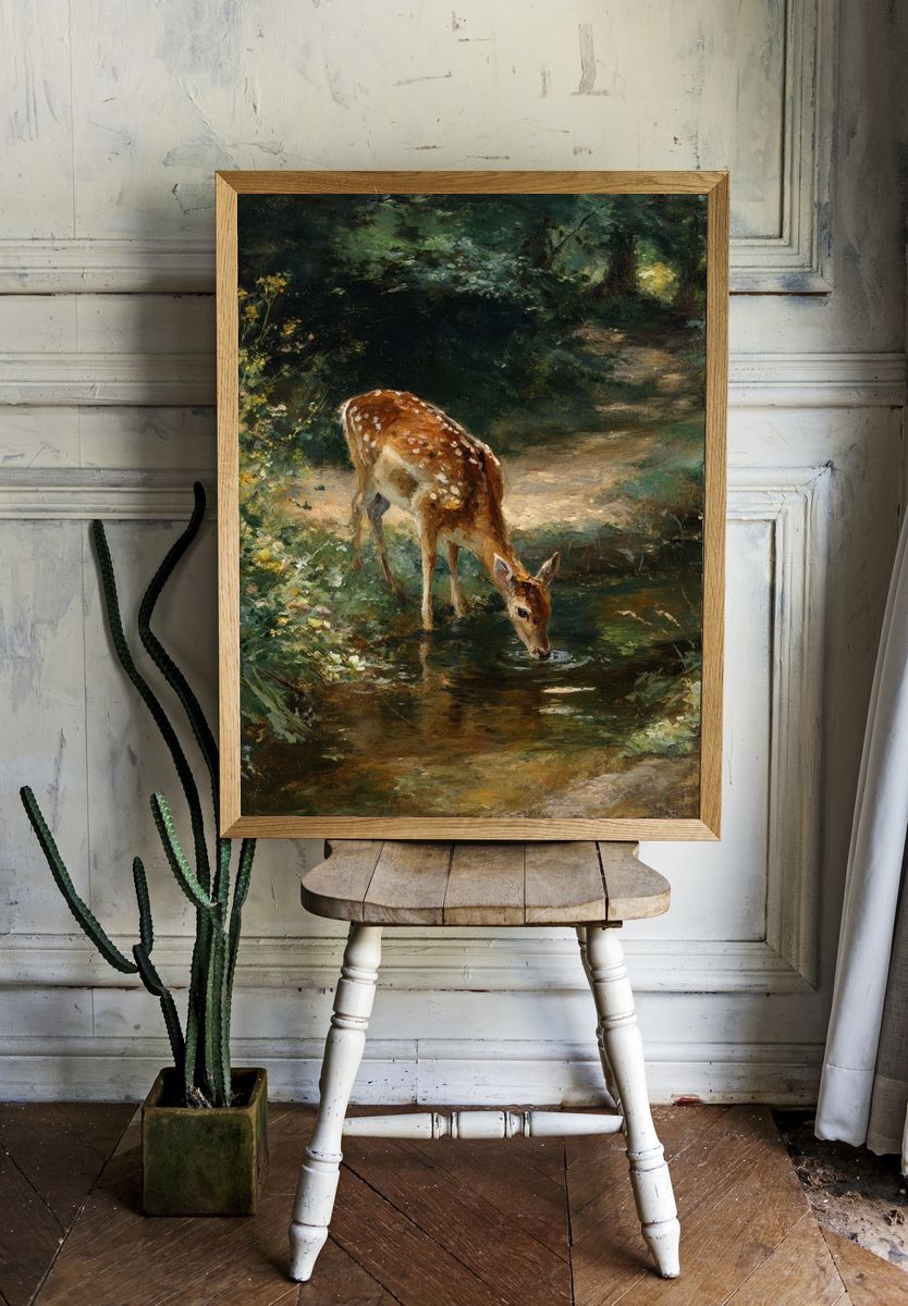 Deer in Woodland Stream Painting Poster room preview
