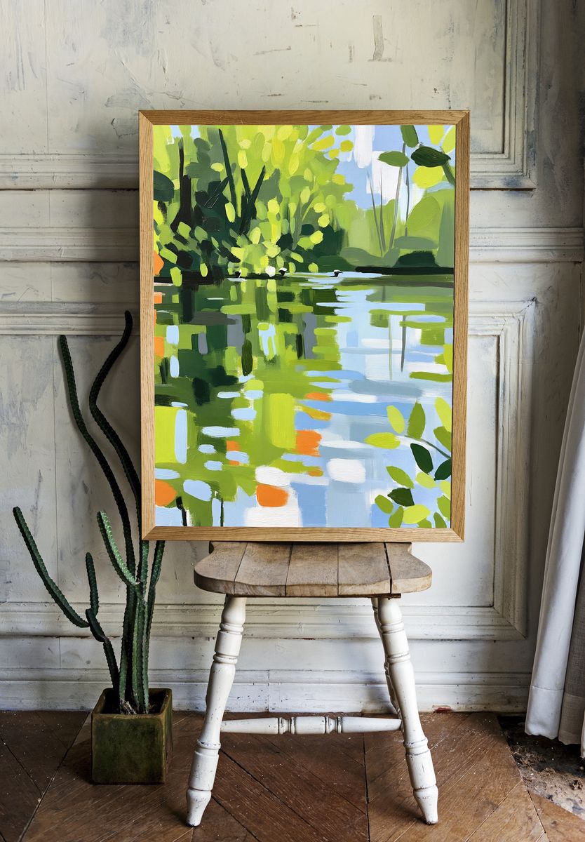 Lime Lake Reflection Abstract Print. room preview