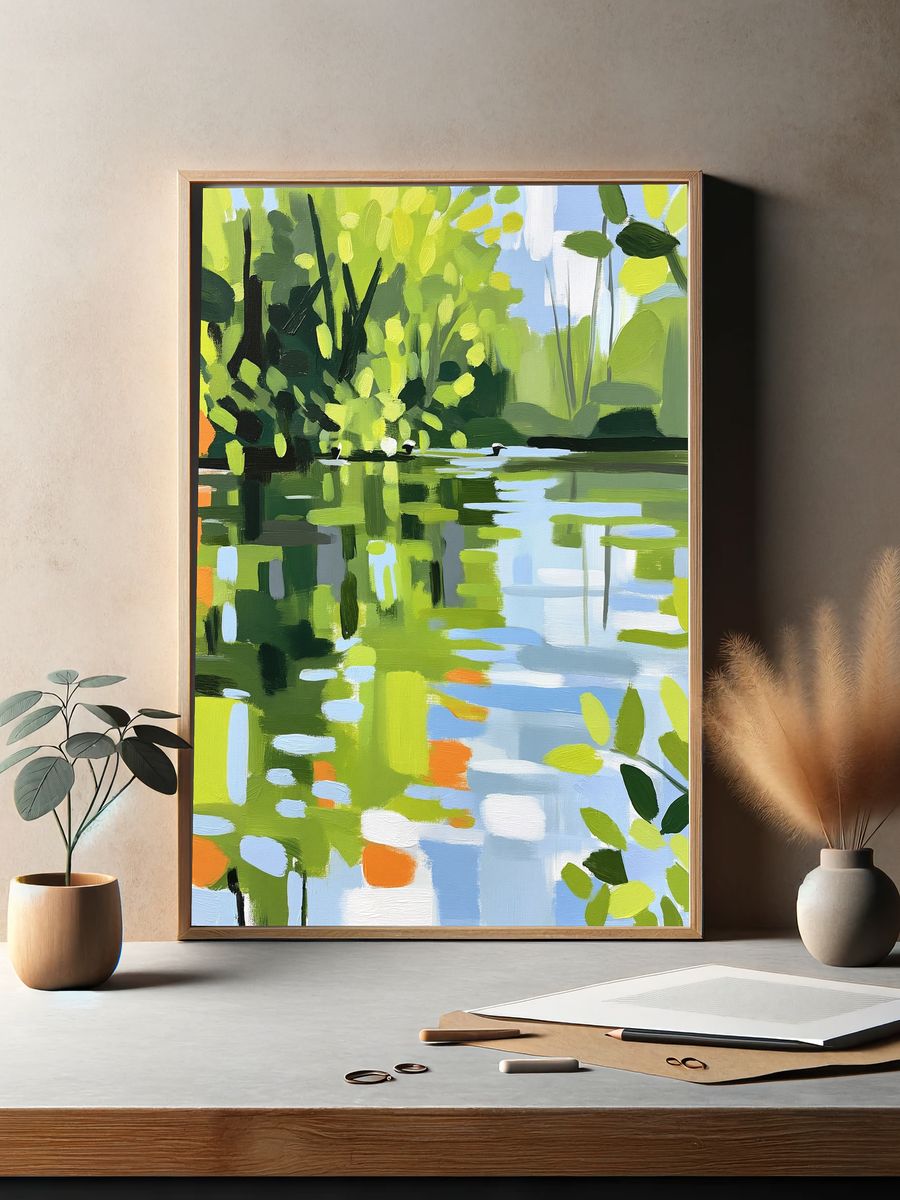 Lime Lake Reflection Abstract Print. — room view 2
