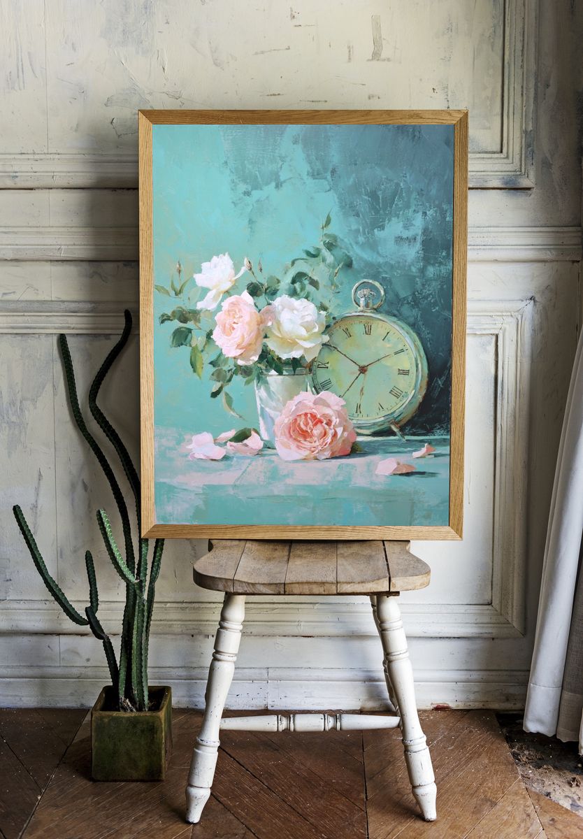 Pastel Roses and Clock Still Life Print. room preview