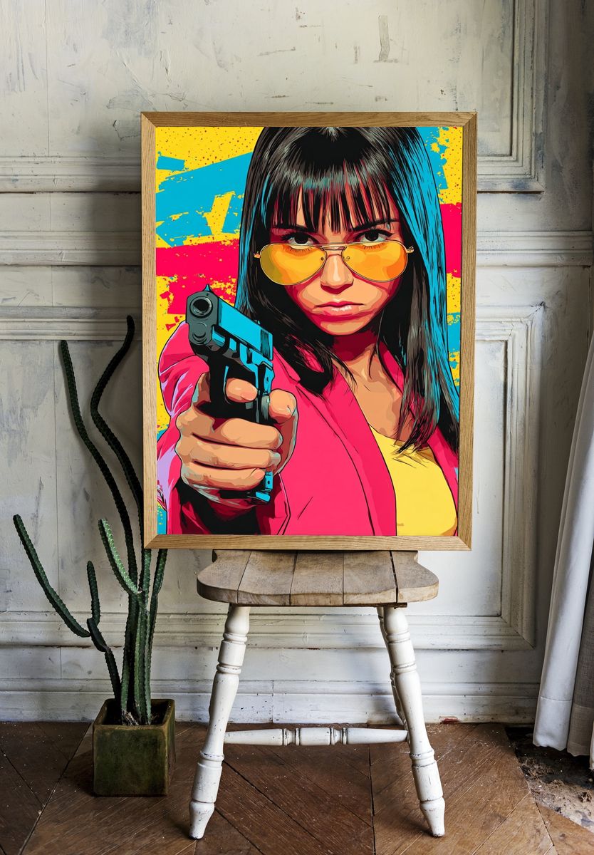 Pop Art Femme with Gun Poster. room preview