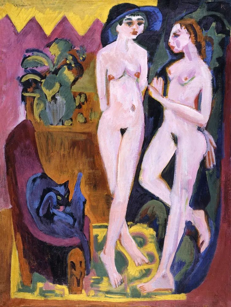 Two Women with Cat — Fine Art Print. poster detail