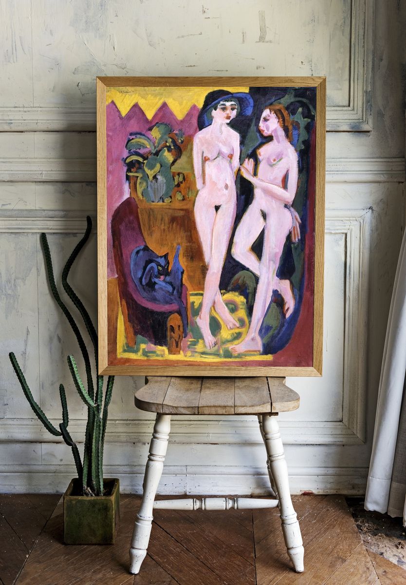 Two Women with Cat — Fine Art Print. room preview