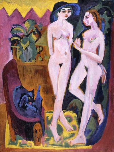 Two Women with Cat — Fine Art Print. poster print