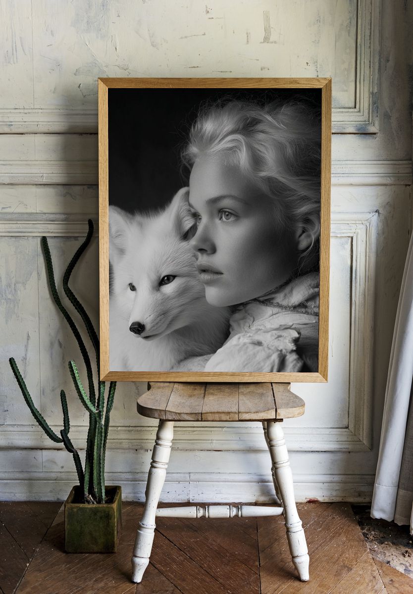 White Fox and Girl — Fine Art Print. room preview