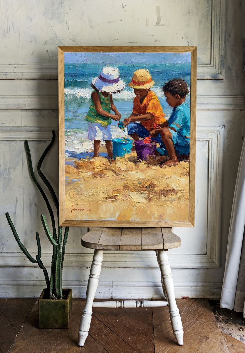 Beach Children Oil Painting Poster. — room view 1