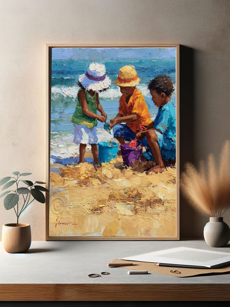 Beach Children Oil Painting Poster. — room view 2