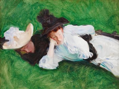 Two Women Lying on Grass — Fine Art Print. poster print