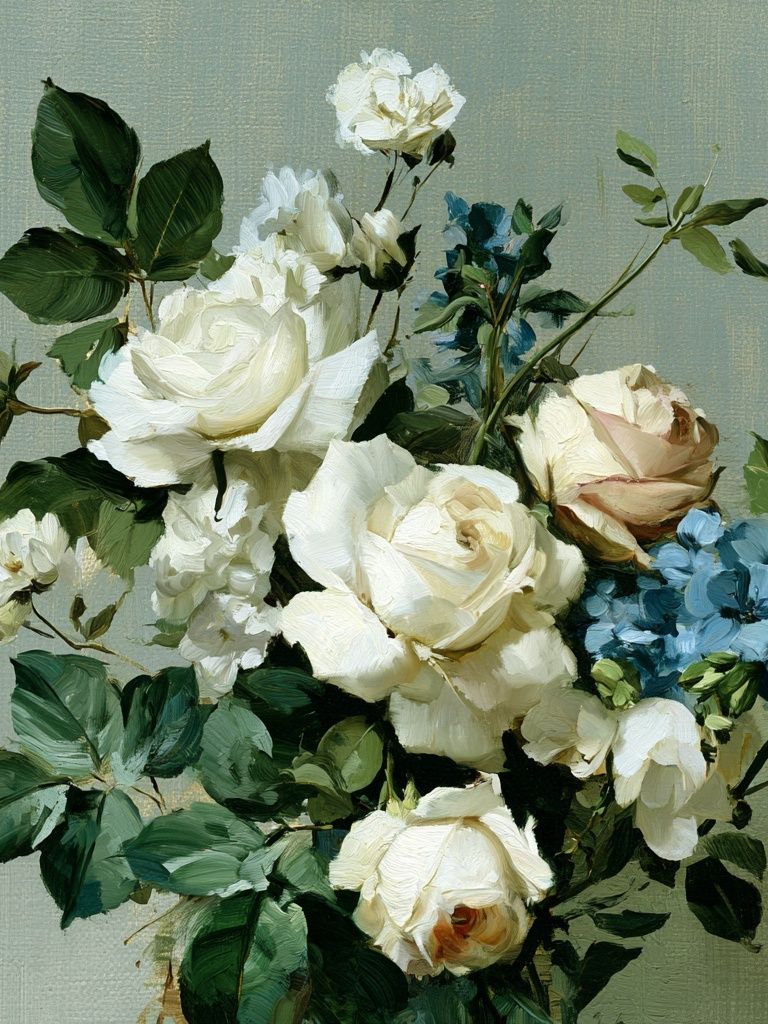White Roses and Blue Blooms Print. poster — fine-art art