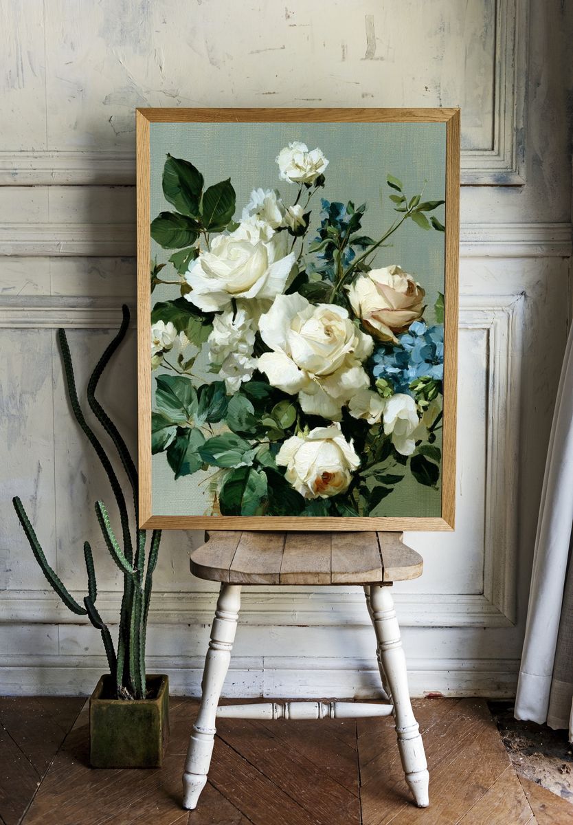 White Roses and Blue Blooms Print. — room view 1