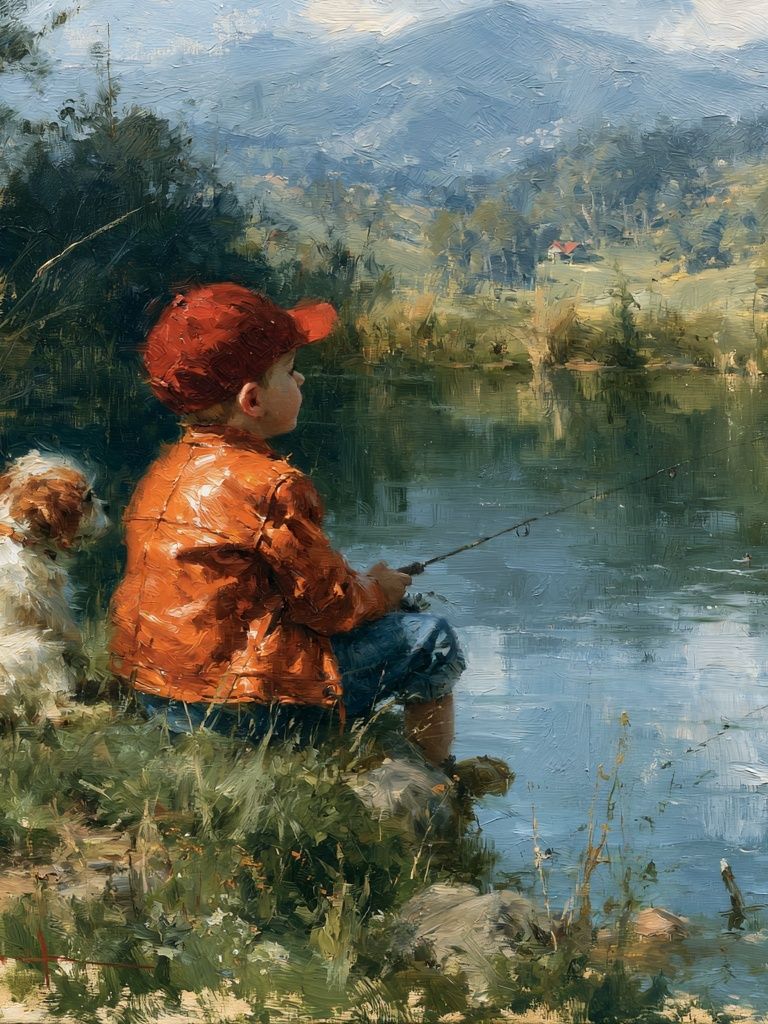 Boy Fishing by the Lake Print. poster — fine-art art