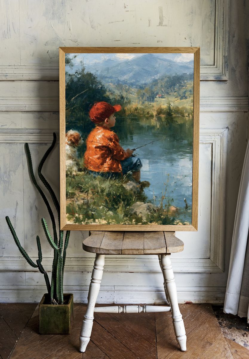 Boy Fishing by the Lake Print. room preview