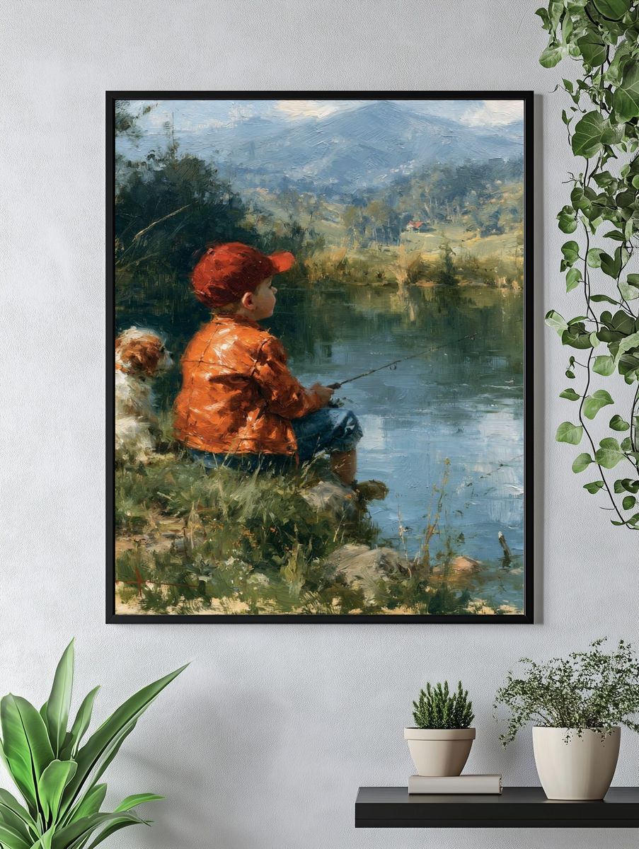 Boy Fishing by the Lake Print. — room view 4
