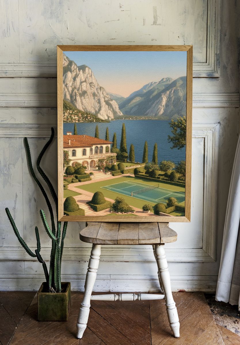 Lakeside Villa with Tennis Court — Fine Art Print room preview