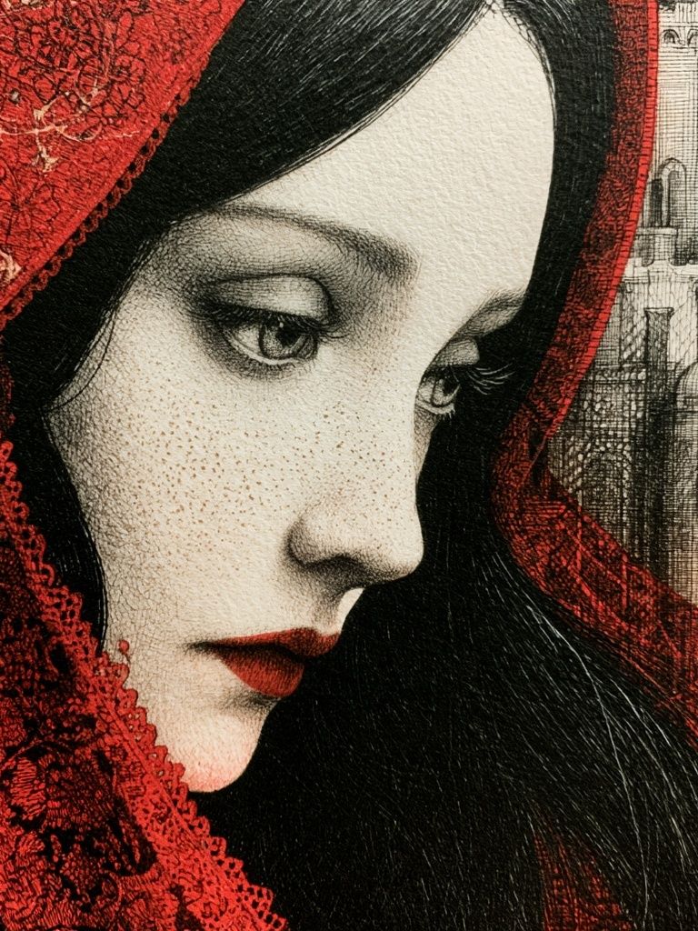 Crimson Veil Portrait Print. poster detail