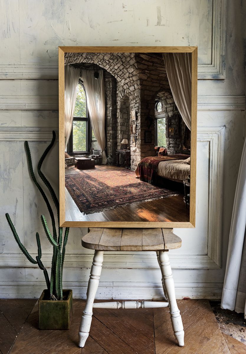 Cozy Stone Bedroom — Fine Art Print room preview