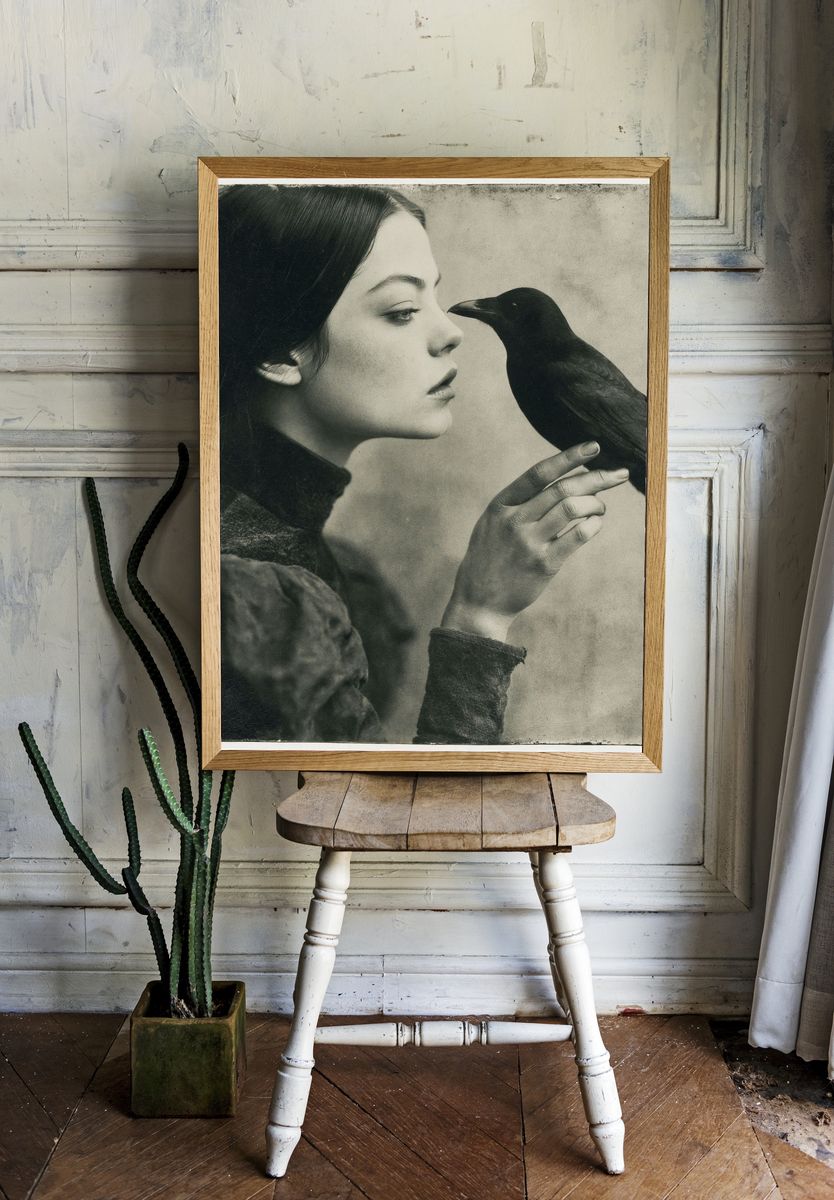 Girl and Crow Vintage Print. room preview