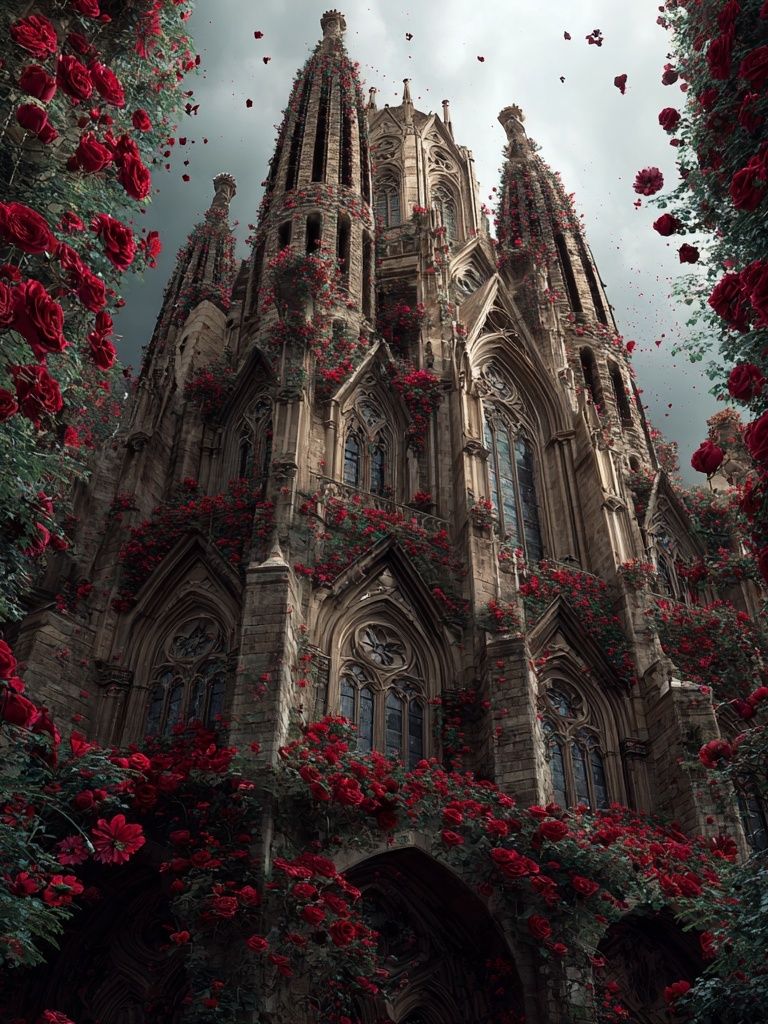 Gothic Cathedral with Roses — Fine Art Print. poster — fine-art art